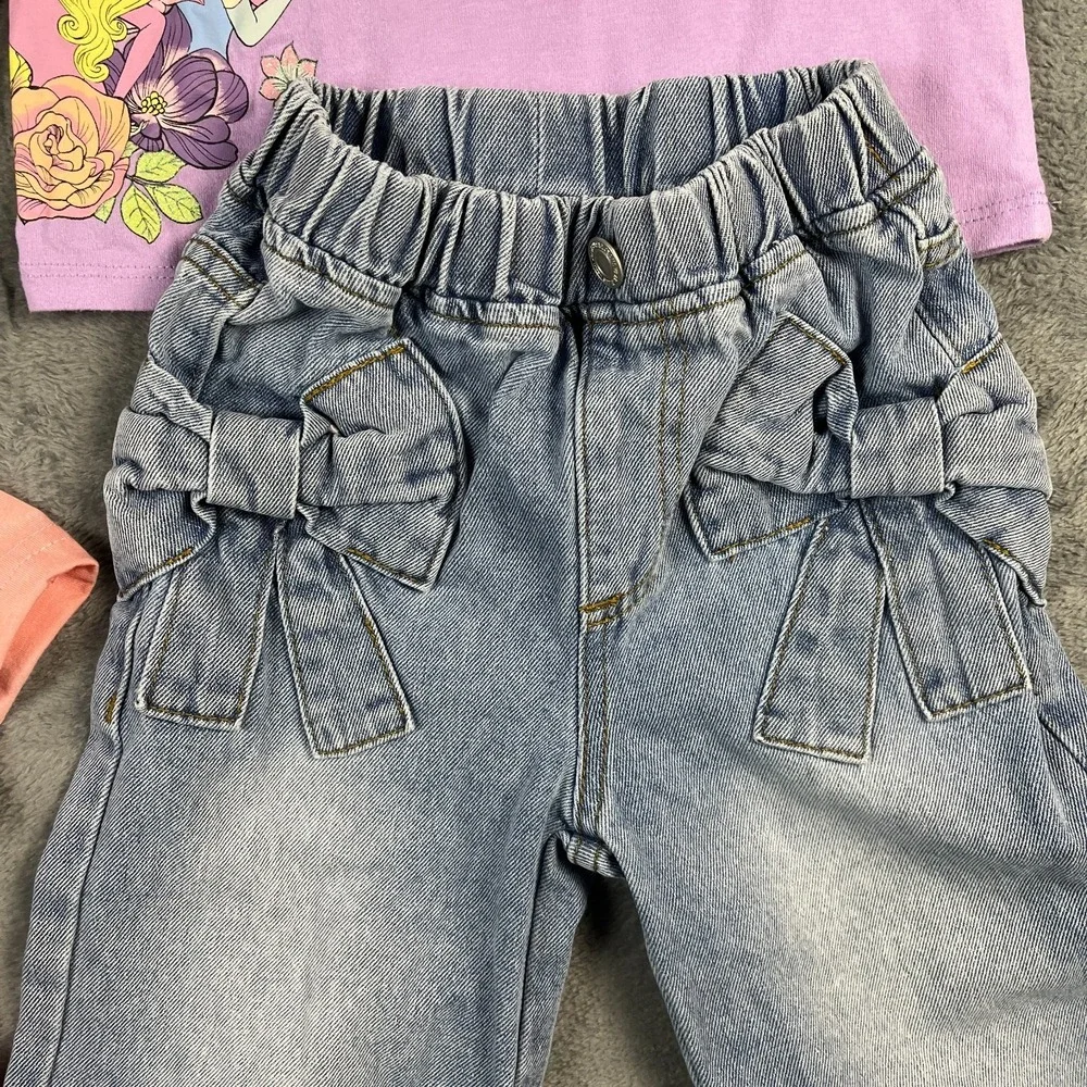 Shein T Shirt Jeans Outfit 4 Pc Set Girls 5Y Multi Bow Disney Princesses Graphic
